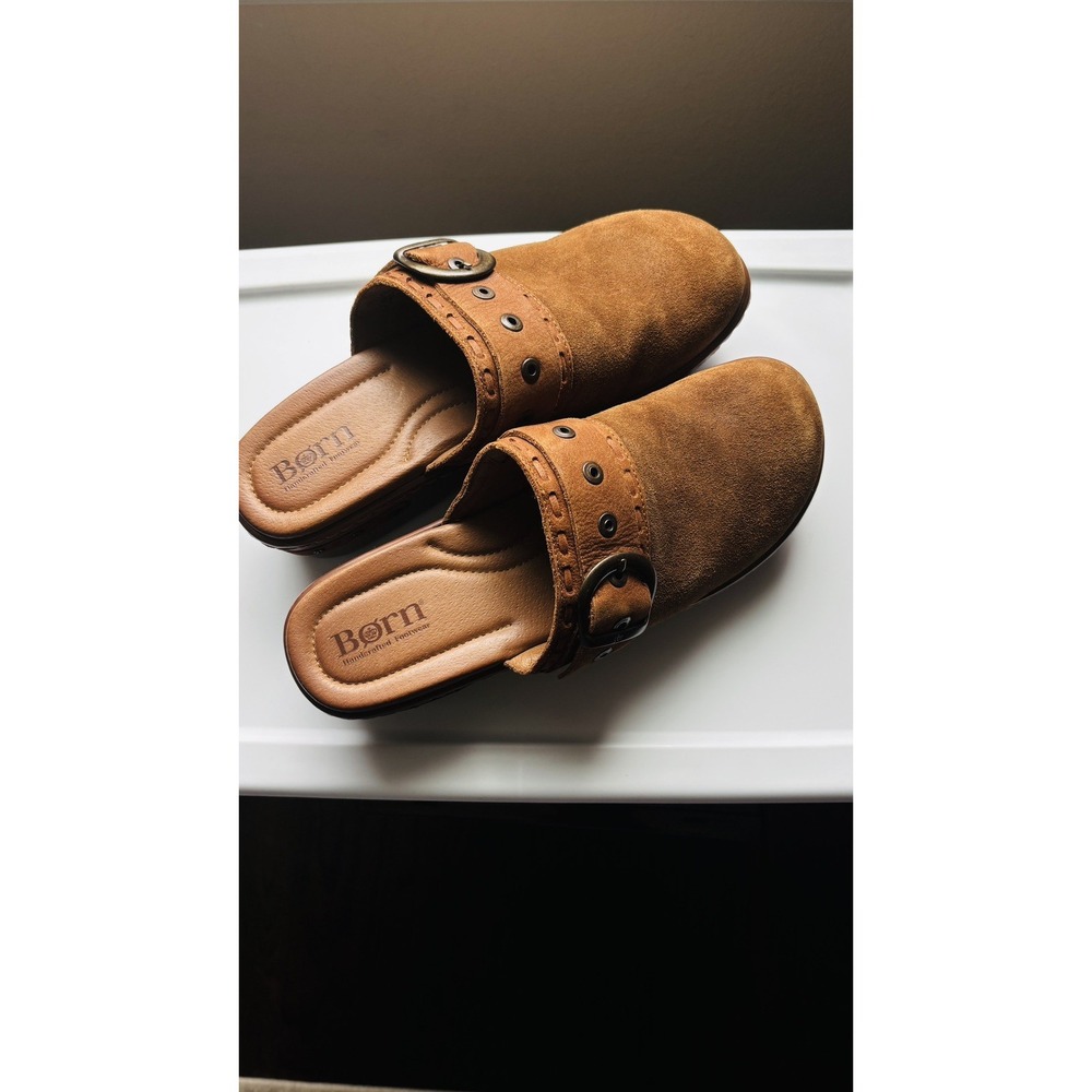 Born Handcrafted Brown Suede Women's Buckle Slip on Clogs - Size 8M Brand New